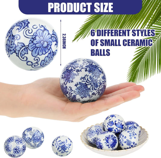 Vesici 6 Pcs Blue and White Porcelain Balls Chinoiserie Decor Decorative Ball for Bowl Centerpiece Tray Basket China Ceramic Orbs Gift for Vases Table Dining Spring Wedding Party Decoration(Pattern 1)