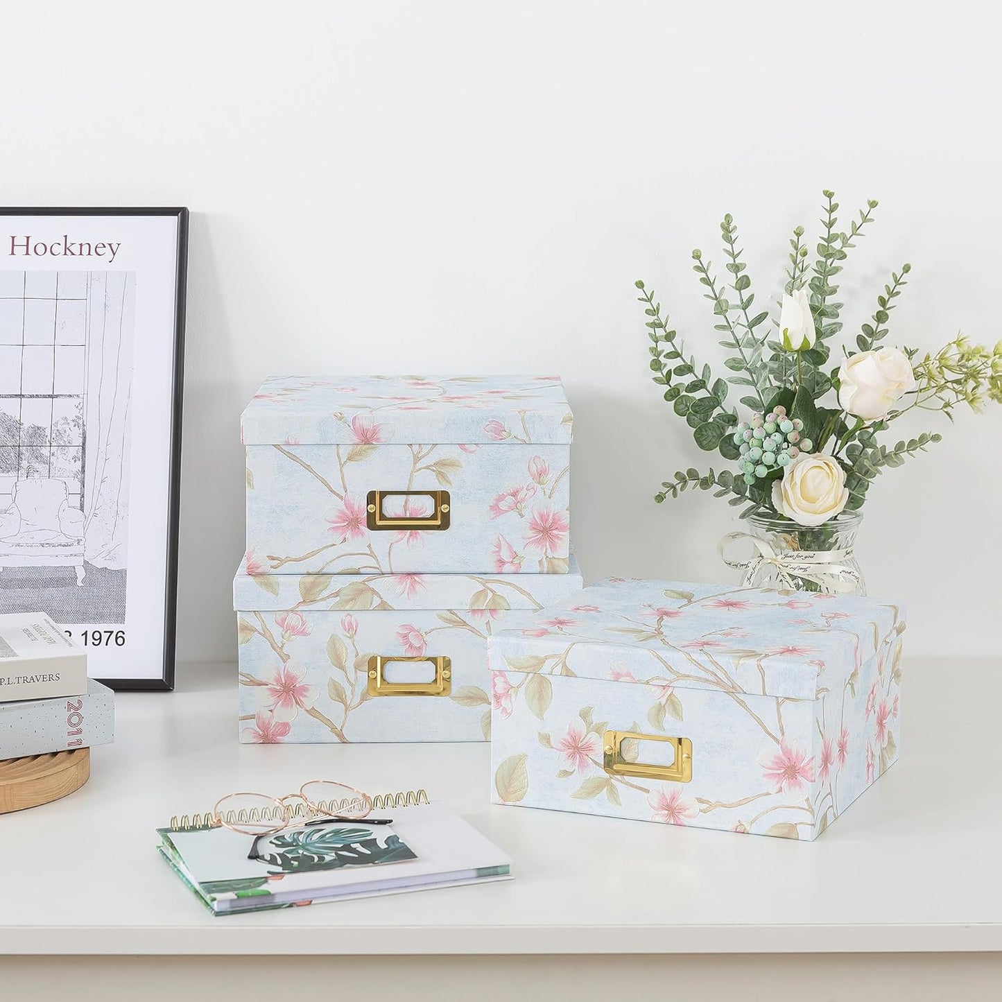 Soul & Lane Decorative Cardboard Storage Boxes - Set of 3 Square Stacking Boxes with Lids and Gold Label Holders, Nesting Photo Storage for Decor and Organizing, Botanical Sage