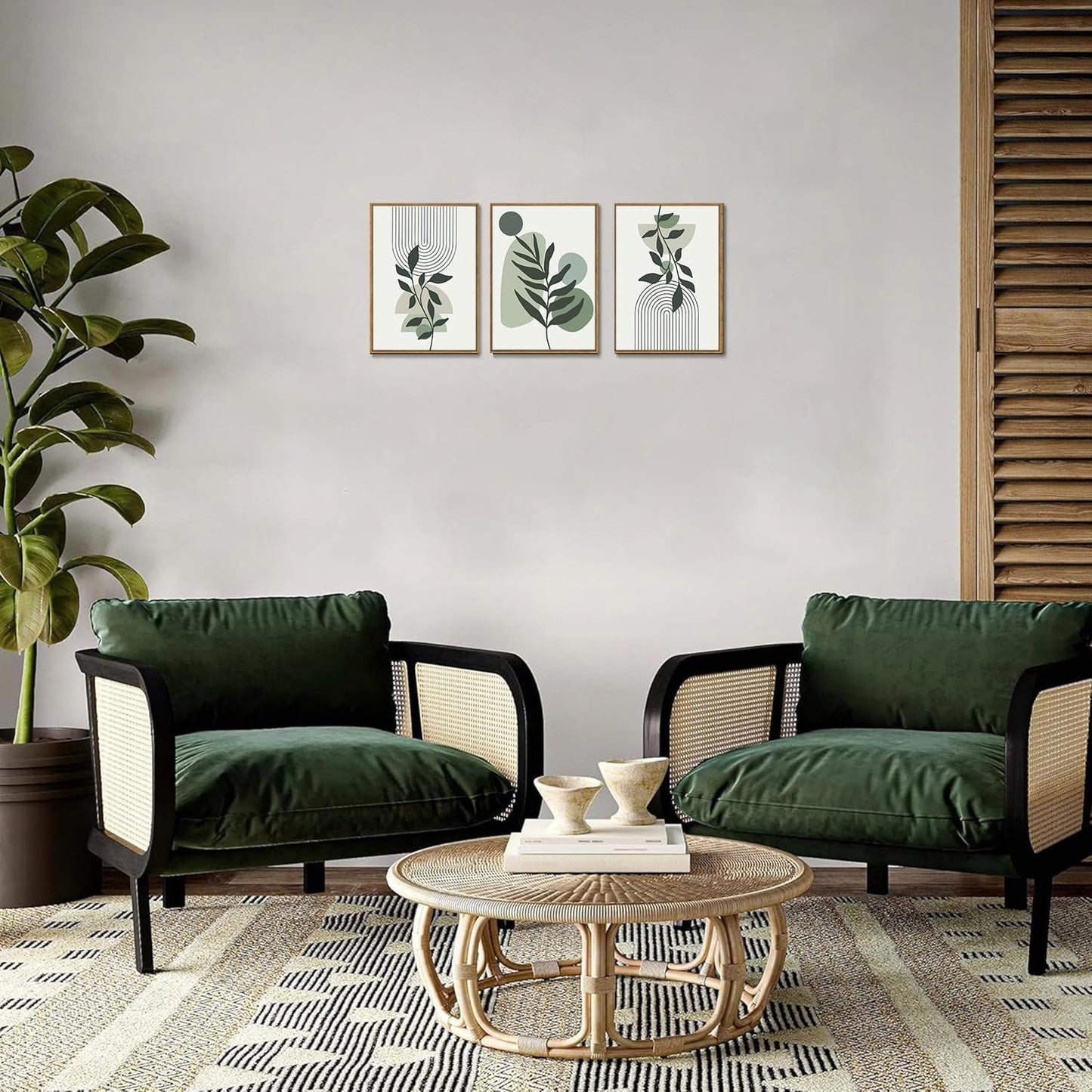 Bwodke Boho Wall Art, Framed Abstract Wall Art, Green Botanical Neutral Canvas Wall Decor, Large Mid Century Plant Pictures Set of 3, Modern Minimalist Paintings, for Bedroom Living Room Bathroom