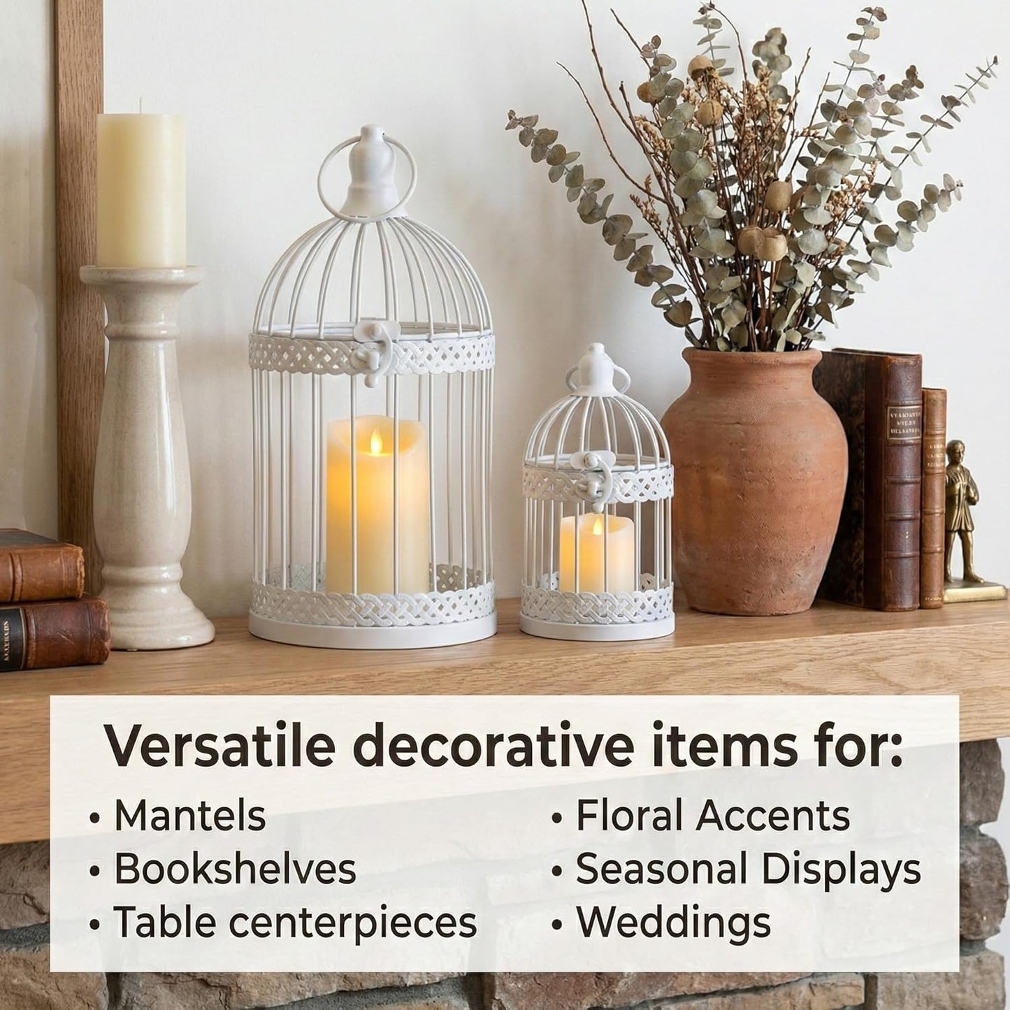 Vela Lanterns Bird Cage Decor Candle Holder Lantern Decorative Wedding Table Centerpiece Decorations, White, Small, Set of 4