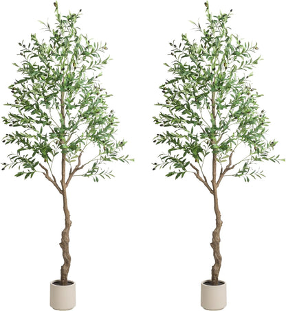 Olive Tree Artificial Indoor, 7 FT Faux Olive Trees with Planter, Fake Tall Plants with Natural Trunk and Lifelike Fruits for Home Office Decor(1, 7FT)