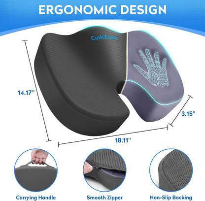CushZone Seat Cushion - Memory Foam Office Chair Cushion for Sciatica, Tailbone & Back Pain Relief - Orthopedic Coccyx Pillow for Car, Airplane, Pregnancy & Long Sitting at Work, Black