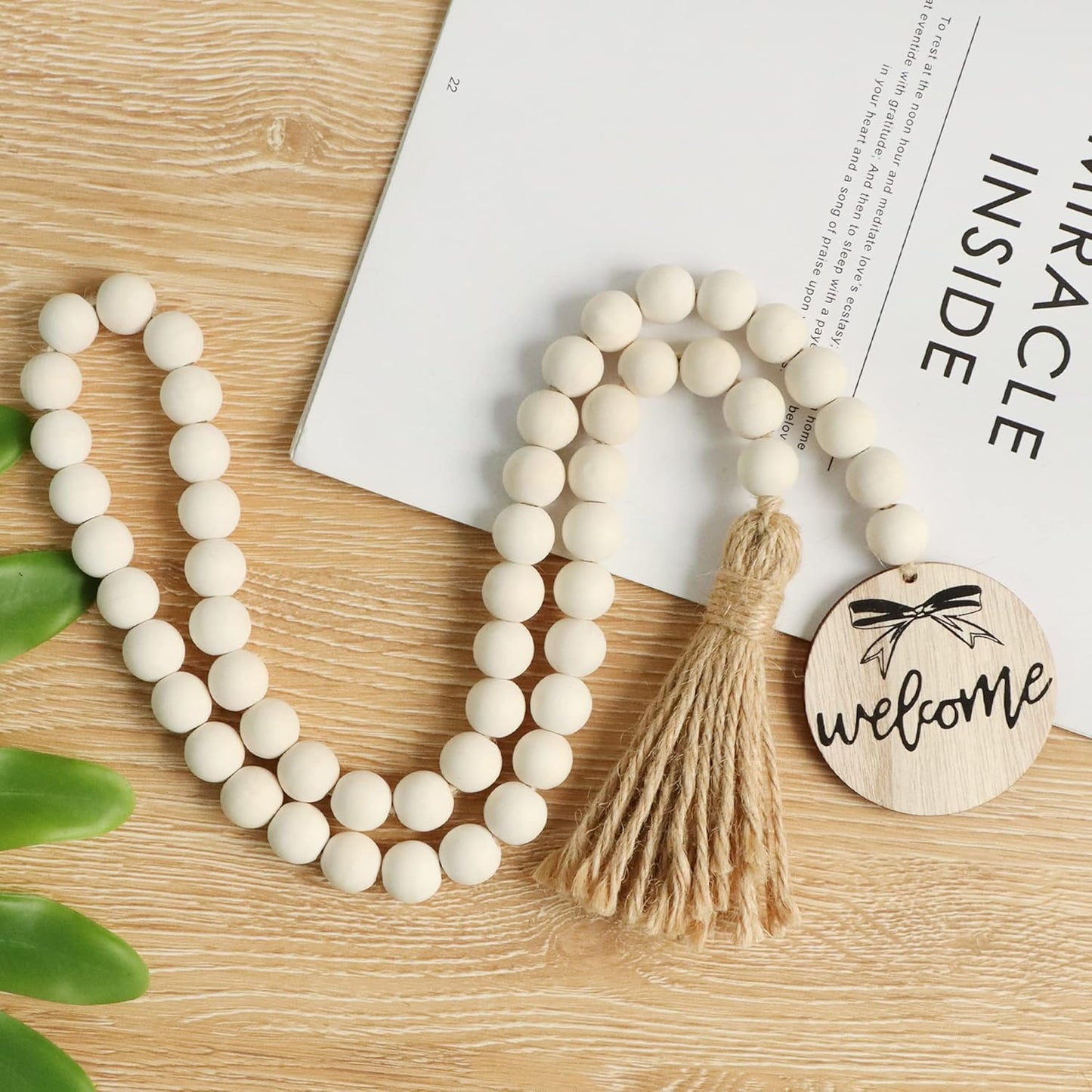 Meplait Love Wooden Bead Garland with Tassel, Decorative Beads Home Decor Farmhouse Tassel Garland Boho Decor for Tiered Tray（38in）