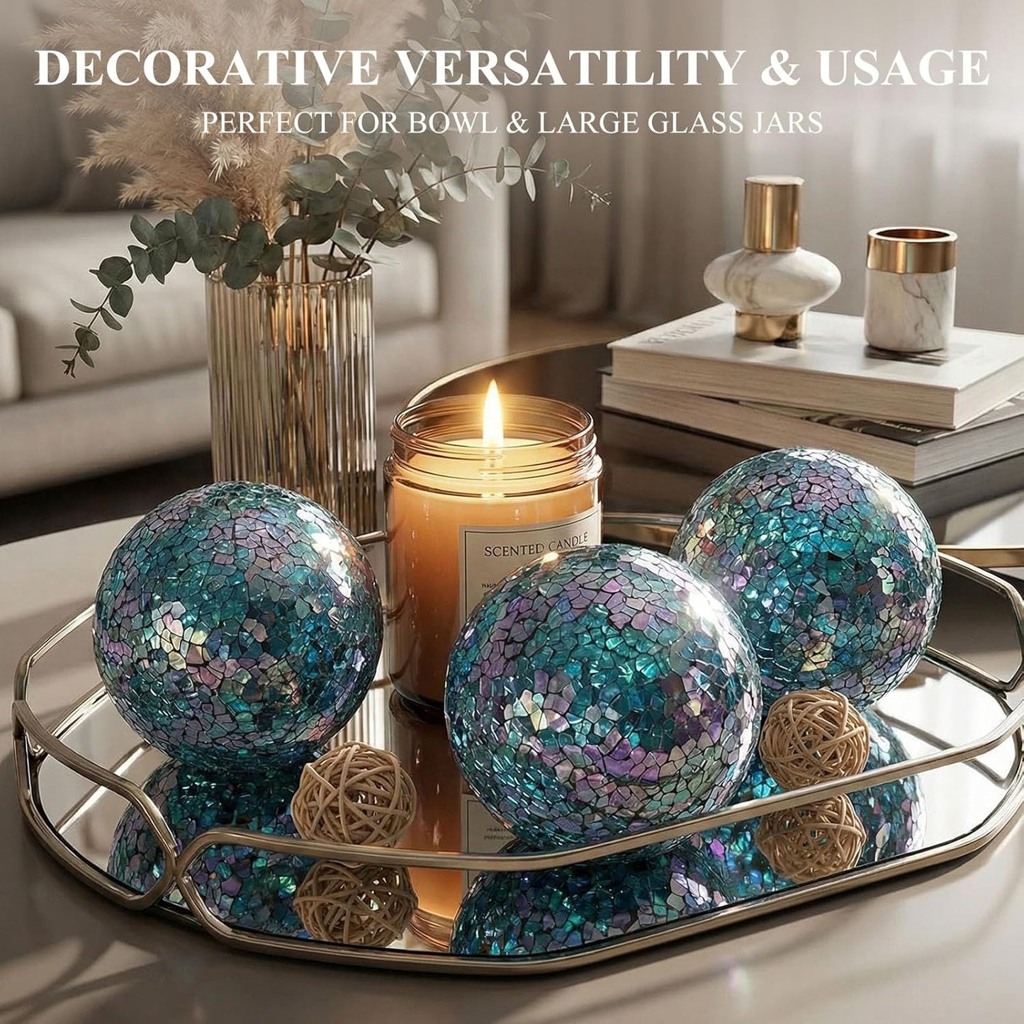 DomeStar 3PCS Decorative Balls, Mosaic Glass Orbs Centerpiece Balls 4inch Gold Orbs for Decorate Bowls Vases Tables Wedding Party