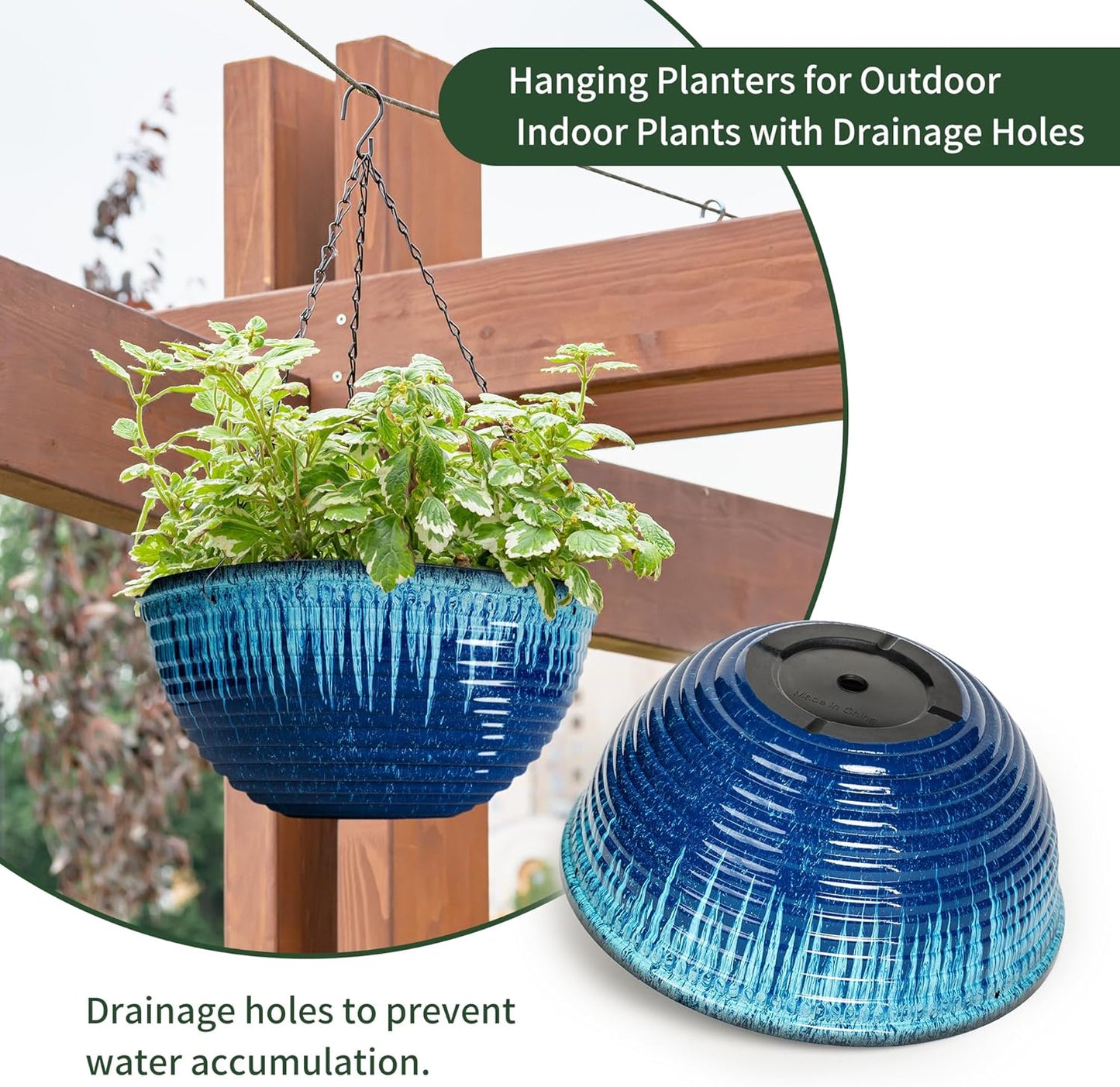Vanslogreen 2 Pack Hanging Planters for Indoor Outdoor Plants, 10 Inch Hanging Planter with Drainage Hole & Plug Glazed Hanging Baskets Flower Pots for Garden Home (Blue)