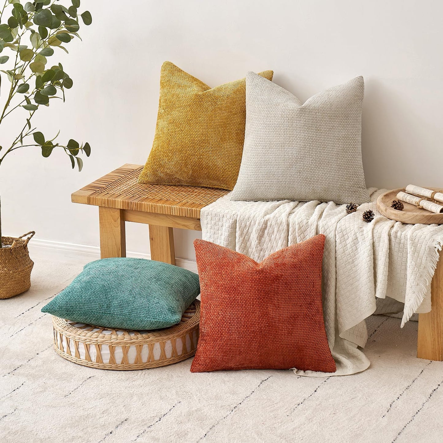MIULEE Pack of 4 Couch Throw Pillow Covers 18x18 Inch Neutral Soft Decorative Chenille Pillow Covers Farmhouse Boho Cushion Covers for Mid Century Modern Spring Home Decor Sofa Bedroom Living Room