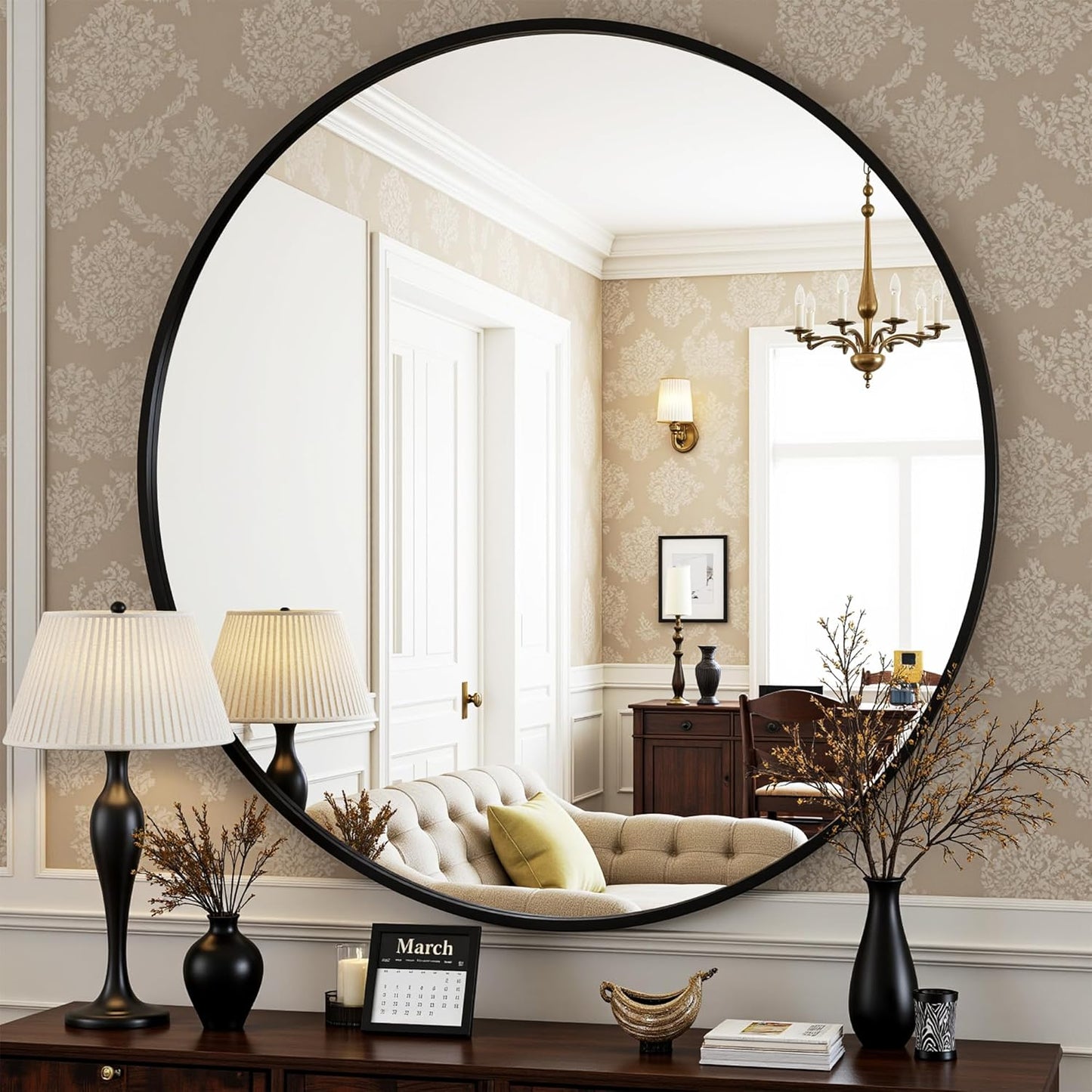 Antok 30 Inch Round Mirror for Wall, Round Bathroom Mirror, Circle Wall Mirrors with Black Metal Frame, Circle Mirrors Suitable for Wall, Bathroom, Vanity, Living Room, Entryway