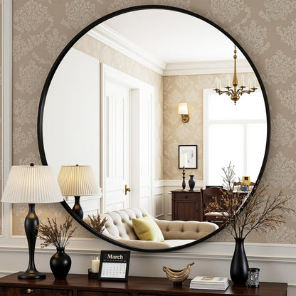 Antok 30 Inch Round Mirror for Wall, Round Bathroom Mirror, Circle Wall Mirrors with Black Metal Frame, Circle Mirrors Suitable for Wall, Bathroom, Vanity, Living Room, Entryway