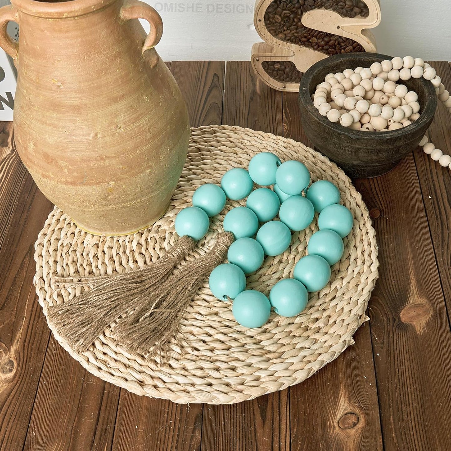 OMISHE Extra Large Wood Bead Garland with 1.6" Diameter Wooden Beads and Tassels, 41" Long Rustic Farmhouse Country Decorative Beads for Home Tiered Tray Decor, Natural Beige