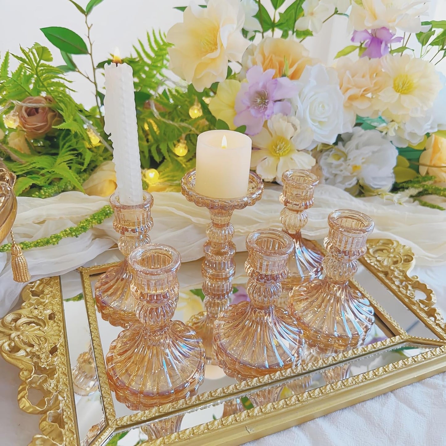 Glass Candlestick Holder,Striped Taper Candle Holders,Set of 6 Candle Stand for Table Centerpieces, Home Decor,Weddings,Festival and Parties (Clear Stripe Pattern)