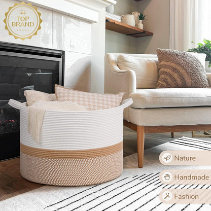 INDRESSME XXXLarge Blanket Basket for Living Room 21.7" x 21.7" x 13.8"-Storage Basket with Handle for Organizing Toy Pillows Woven Cotton Rope Laundry Basket Stuffed Animal Toy Storage for Play Room