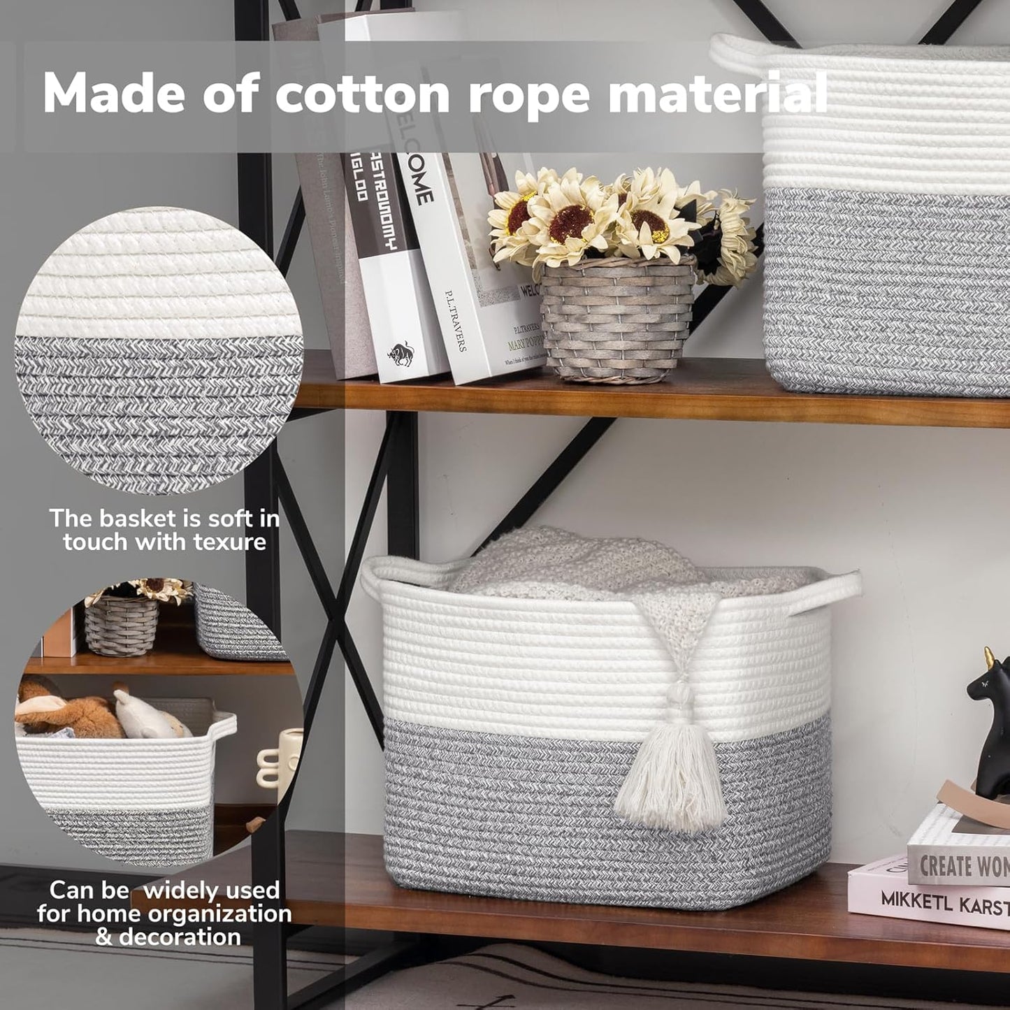 Goodpick Cube Storage Bins - Towel, Book, Cloth, Shoes, Closet Shelf Woven Baskets for Office, Baby Laundry, Toys, 13''x10''x9''
