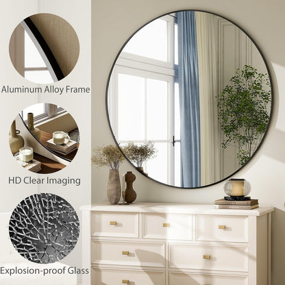 HARRITPURE Round Mirror 30 Black Wall Mounted Circle Mirrors Vanity Mirror with Brushed Aluminum Alloy Frame Modern Decoration for Bathroom, Living Room, Vanity, Bedroom, Entryway
