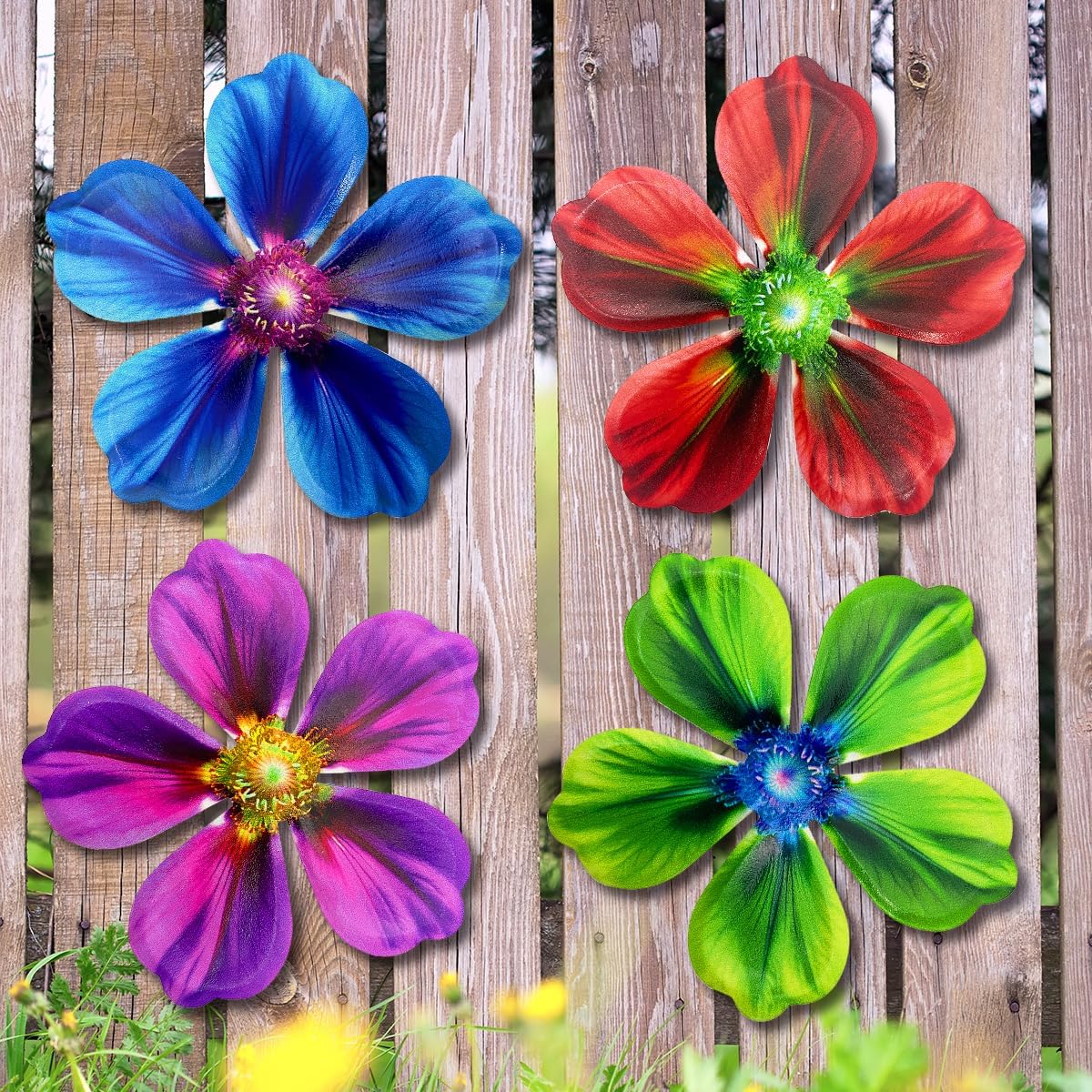 Giyyomtr Metal Flowers Wall Decor - 4pcs 6.2'' Metal Wall Art Hanging Decorations for Outdoor Fence Garden Yard Patio Exterior Wall Decor