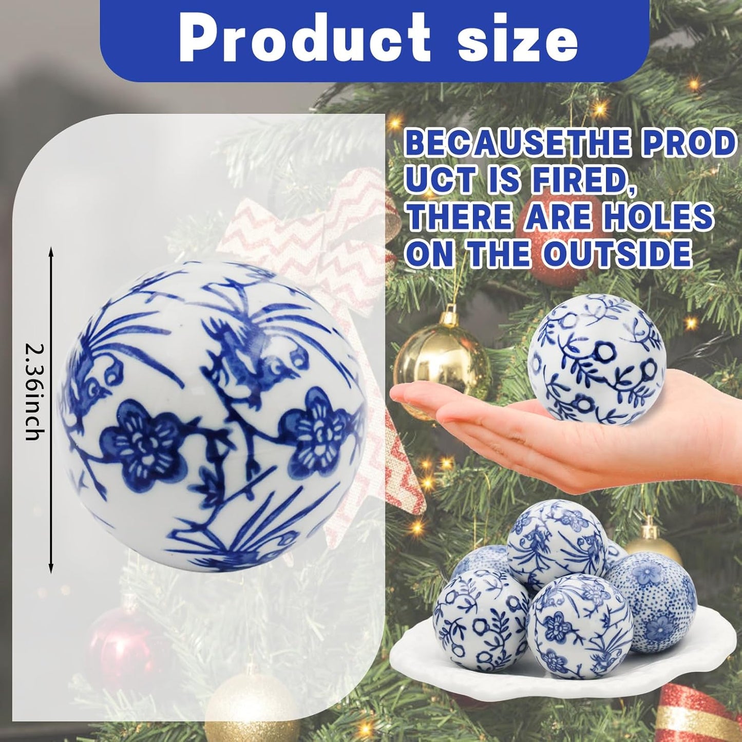 6 Pcs Decorative Blue Balls Chinoiserie Blue and White Ceramic Balls for Centerpiece Bowls Farmhouse Basket Tray Vases Decoration Gifts for Dining Table Holiday(A)