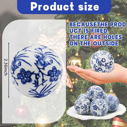 6 Pcs Decorative Blue Balls Chinoiserie Blue and White Ceramic Balls for Centerpiece Bowls Farmhouse Basket Tray Vases Decoration Gifts for Dining Table Holiday(A)