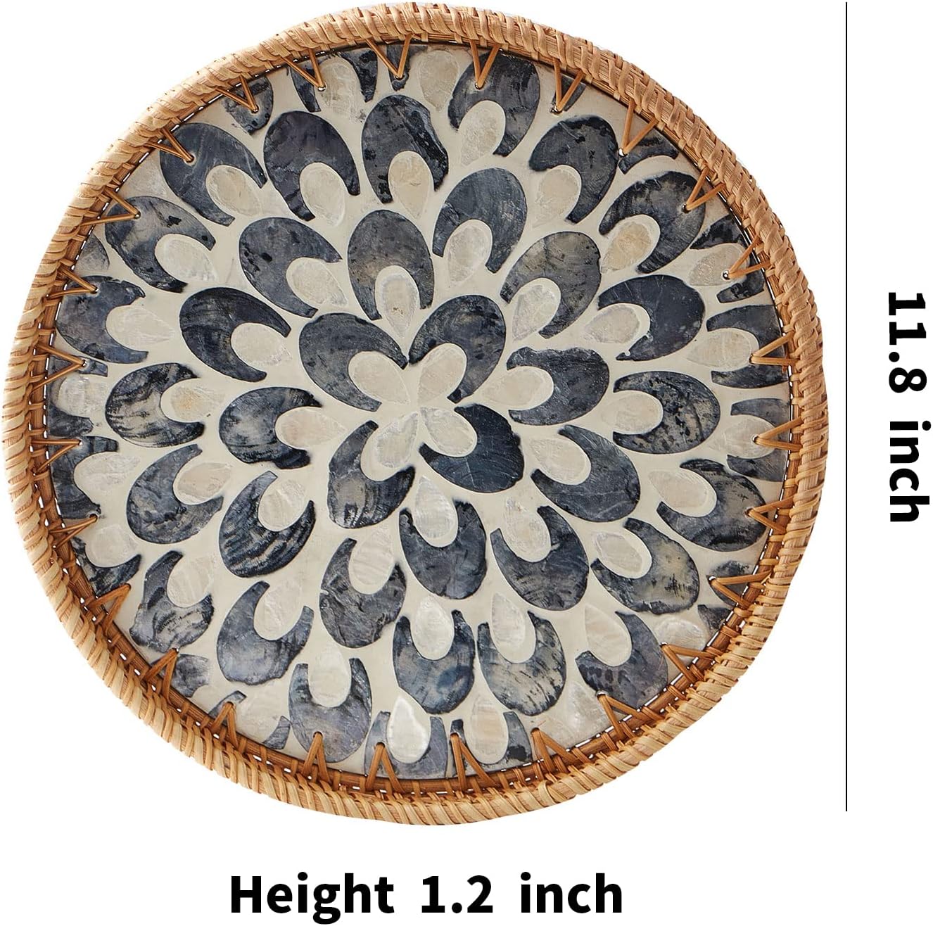 Round Rattan Tray with Mother of Pearl Inlay, Rattan Serving Tray with Wooden Base, Decorative Wicker Basket for Table Decor, Storage and Display of Coffee Bread Food Fruit (Leaf)
