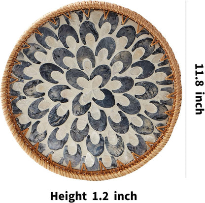 Round Rattan Tray with Mother of Pearl Inlay, Rattan Serving Tray with Wooden Base, Decorative Wicker Basket for Table Decor, Storage and Display of Coffee Bread Food Fruit (Leaf)