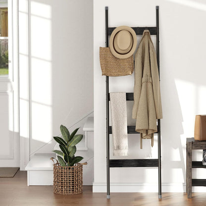 Blanket Ladder, 5-Tier Towel Holder with 4 Removable Hooks, Farmhouse Wall Leaning Decorative Rack Shelf, Wooden Towel Display Rack, Quilt Ladder for Living Room, Bedroom, Rustic Brown