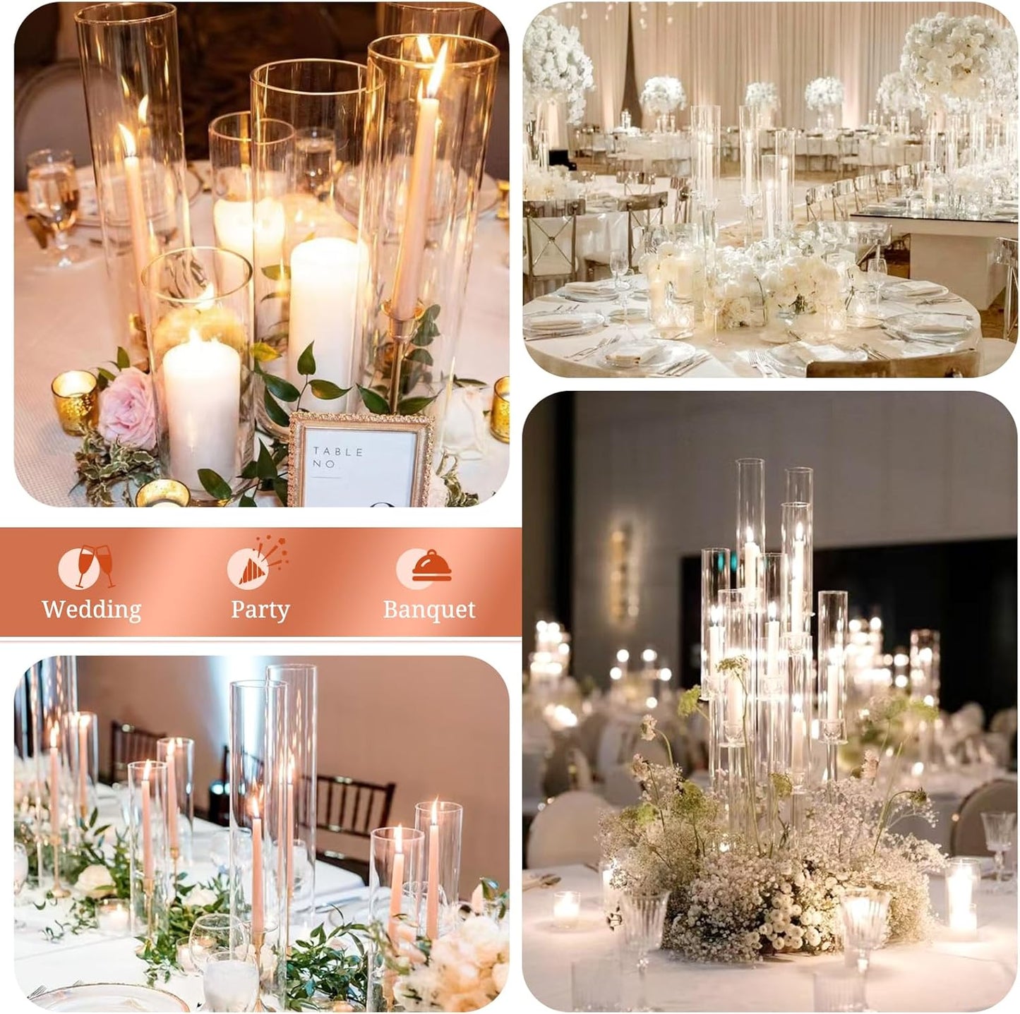 24 PCS Hurricane Candle Holder, 2.5" W x 14" H Open Ended Glass Candle Cylinder Sleeve, Clear Glass Cylinder Candle Holder, Open Flame Candle Chimney Tube Cover, Bottomless Cylindrical Glass