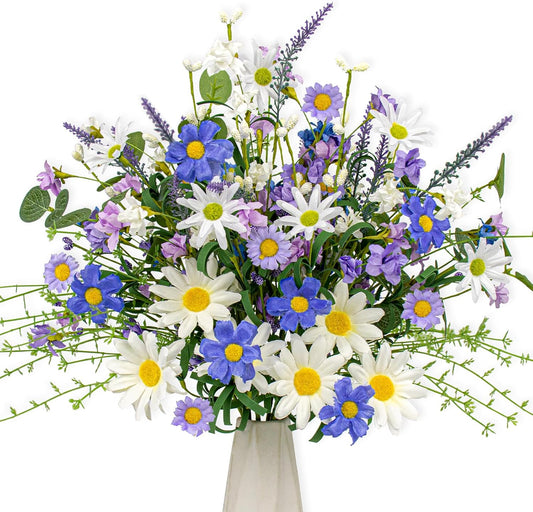 12 PCs Artificial Spring Summer Flowers Rustic Blue and White Artificial Flowers Wildflower Floral Stems with Daffodils Daisy Flower Picks for Vase Table Centerpieces Summer Spring Decor