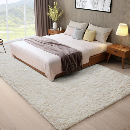 Ophanie Round Rugs 5Ft Ivory Circle Area Rug, Nursery Room Decor, Christmas Aesthetic Bedroom Home Circular Carpet 5 Foot, Fluffy Fuzzy Shag Plush Cream Living Room Rugs for Kids Boys Girls Teen Baby