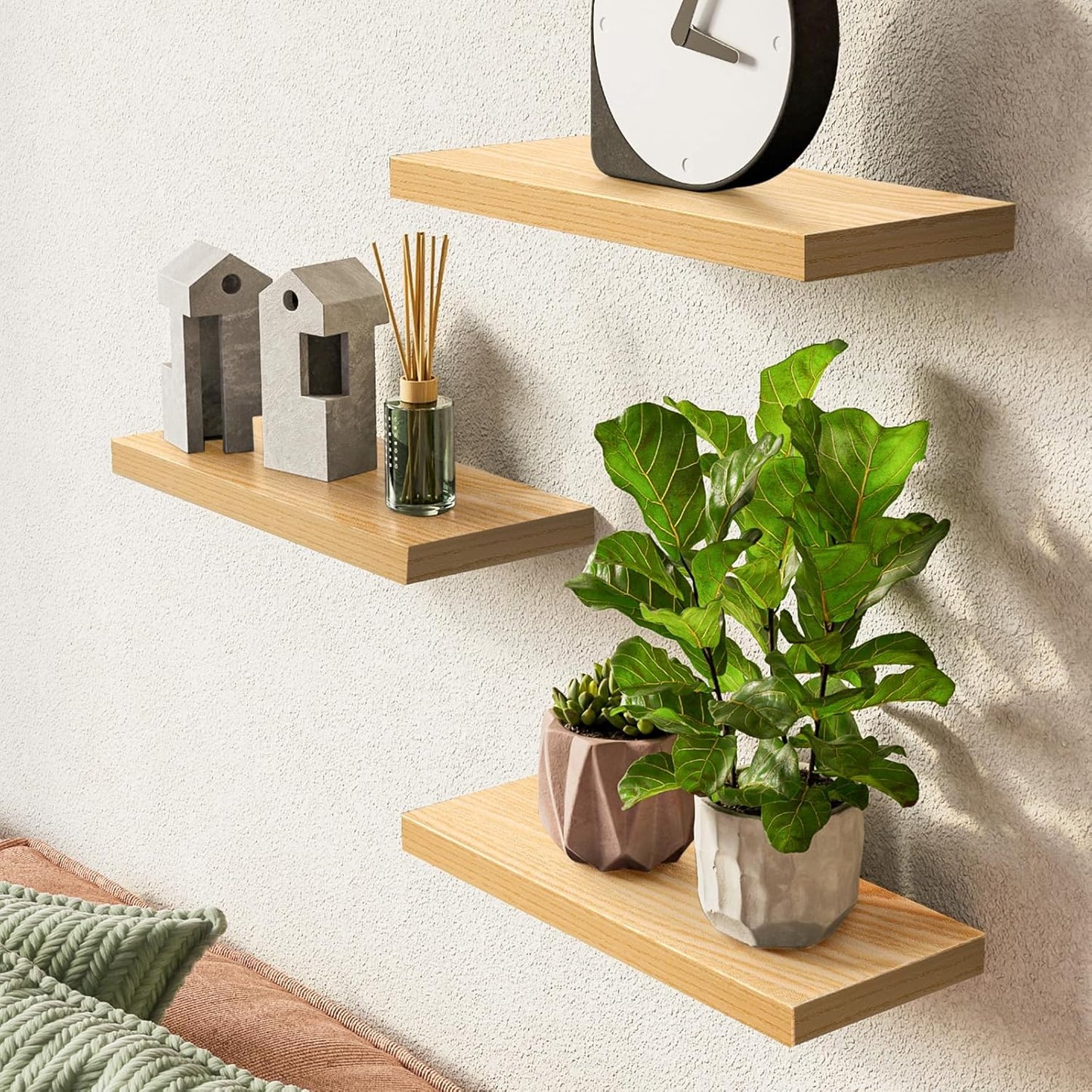 BAYKA Floating Shelves for Wall, Set of 3, Wall Mounted Rustic Wood Shelves for Bathroom, Bedroom, Living Room, Kitchen, Small Hanging Shelf for Books/Storage/Room Decor, Walnut-Like, 15.7in
