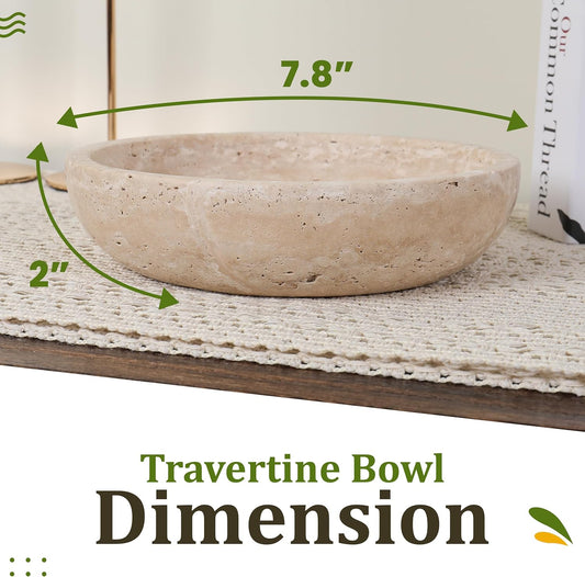 FNTSTICGOODS Travertine Decorative Bowl - 7.8” Diameter & 2” Height - Key Bowl for Entryway Table - Organic Modern Centerpiece - White/Gray