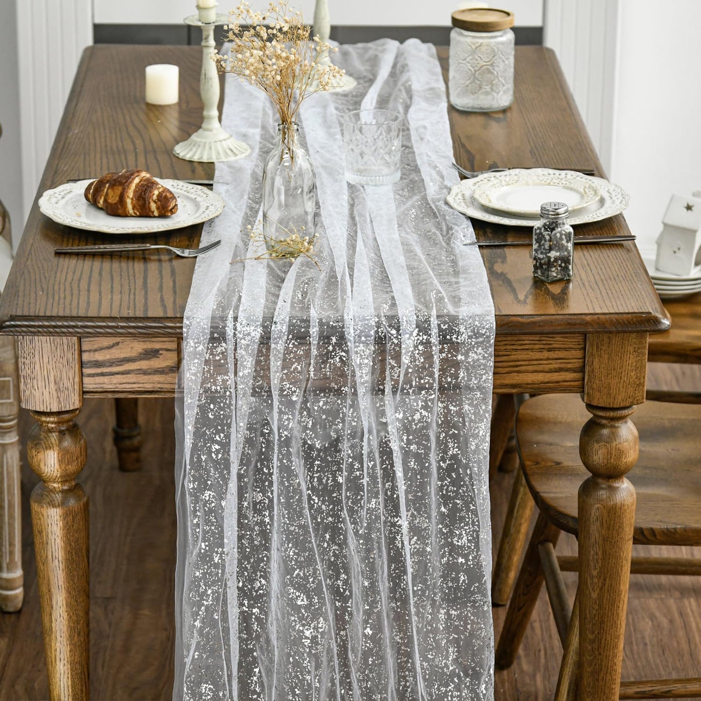 Artoid Mode Beige Gold Gauze Table Runner 120 Inch 10FT, Glitter Metallic Foil Sheer Dining Wedding Anniversary Holiday Birthday Table Decor for Home Party