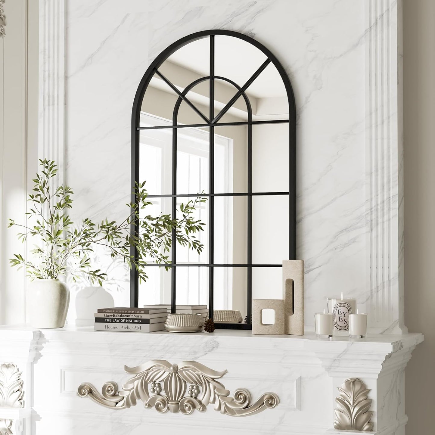 Dewfig 65"x 22" Arched Window pane Full Length Mirror, Wall Mirror, Floor Standing Mirrors, Farmhouse Long Full Body Mirrors Wall Mounted for Living Room, Bedroom, Entryway, Fireplace, Black
