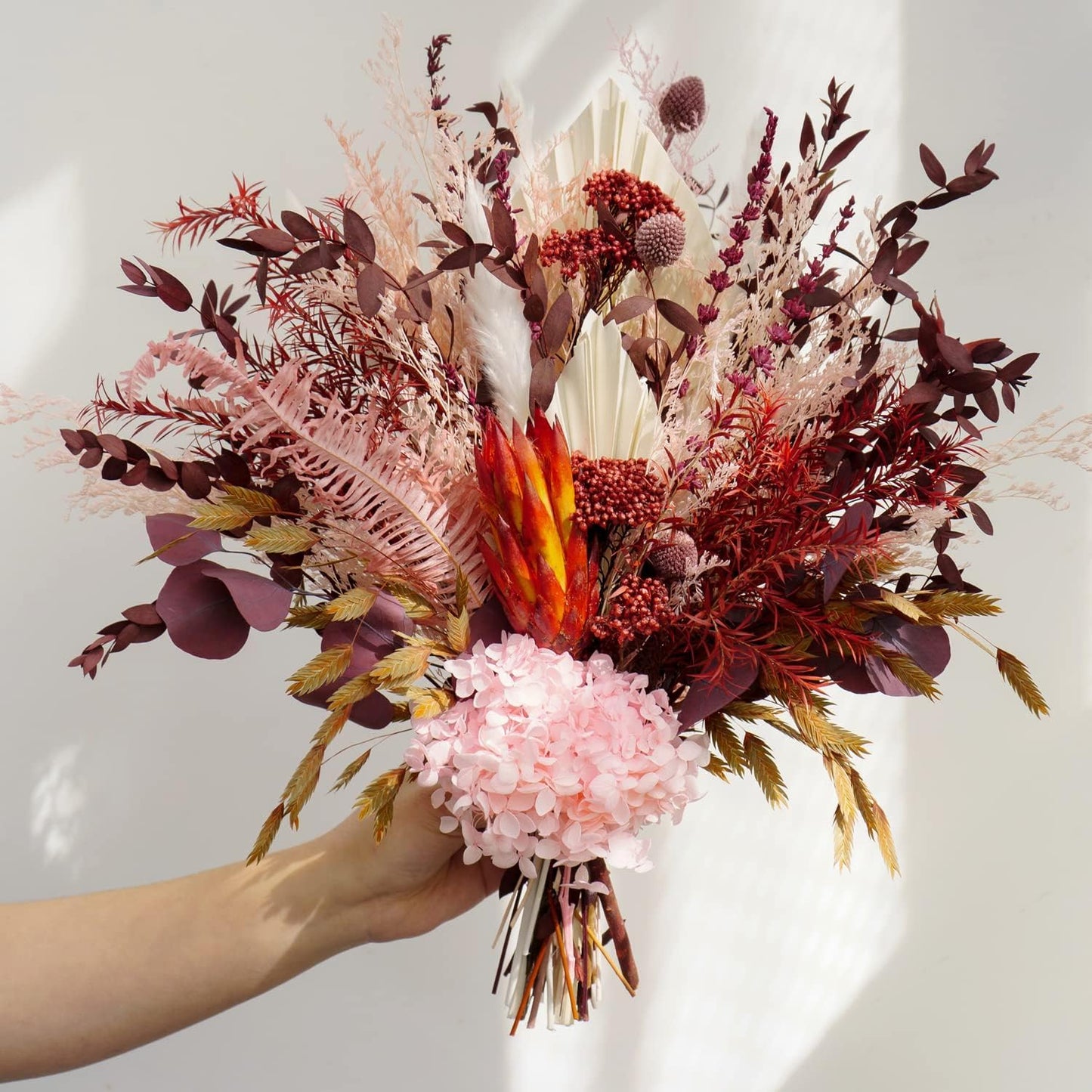 Blush Pink & Burgundy Dried Flower Bouquet, Cream Pampas Grass with Sage Green & Eucalyptus, Boho Dried Flowers for Wedding, Home Décor