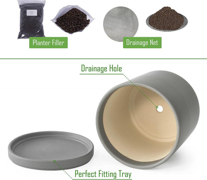 D'vine Dev 6.5 Inch Ceramic Planter Pot with Drainage Hole and Saucer, Indoor Cylinder Round Planter Pot, Olive, 94-O-C-J