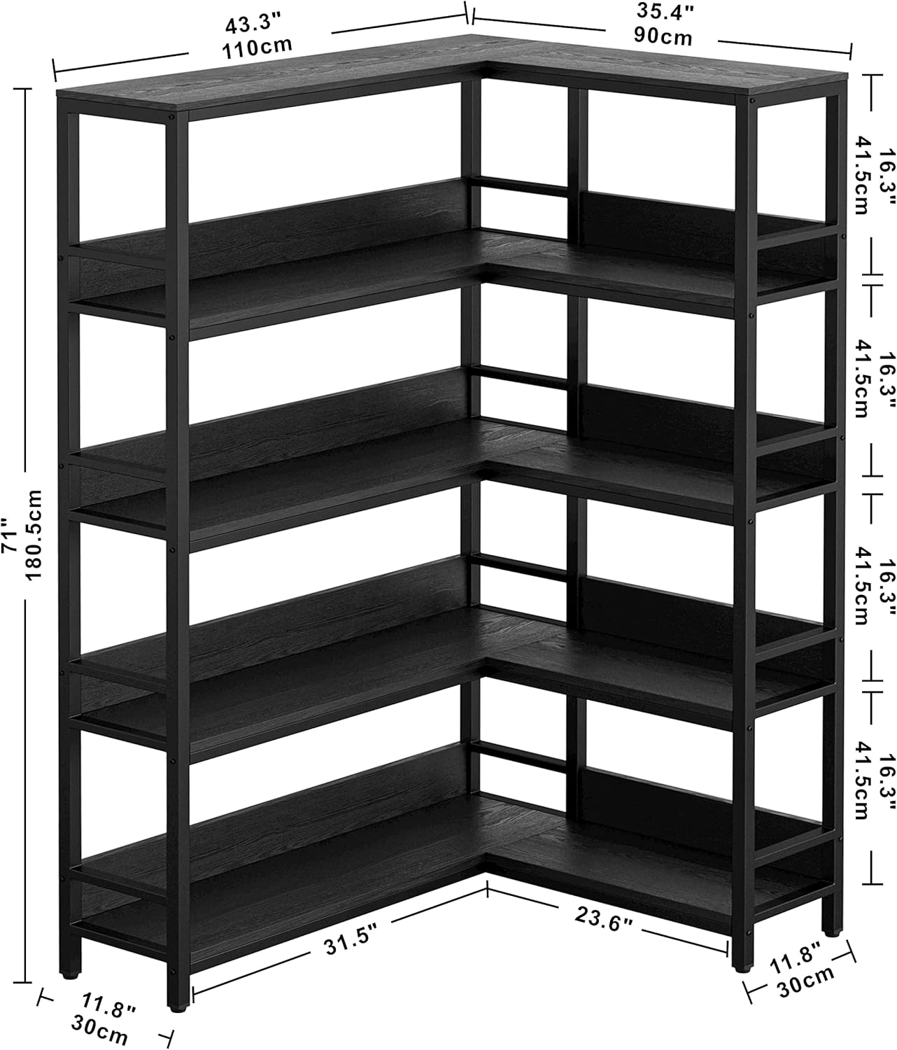 IRONCK Corner Shelf 5 Tiers 70LB Capacity L-Shaped Bookshelf with Baffles and Metal Frame for Home Office Living Room Kitchen Storage and Display