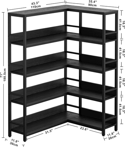 IRONCK Corner Shelf 5 Tiers 70LB Capacity L-Shaped Bookshelf with Baffles and Metal Frame for Home Office Living Room Kitchen Storage and Display