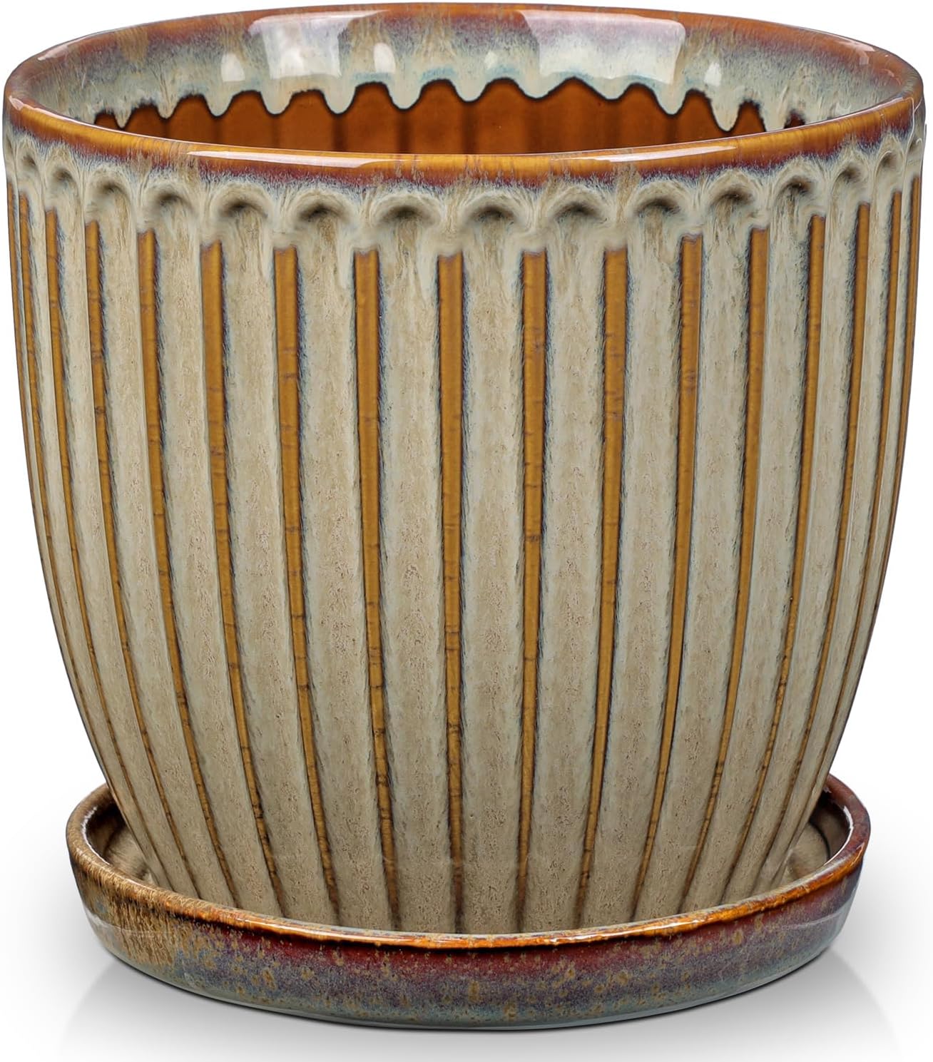 Oairse Ceramic Pots for Indoor Plants, 4.9 +5.7 inch Set of 2 Brown Plant Pots with Drainage Holes and Saucers Texture Ceramic Planters Indoor Outdoor Flower Planters for Succulent