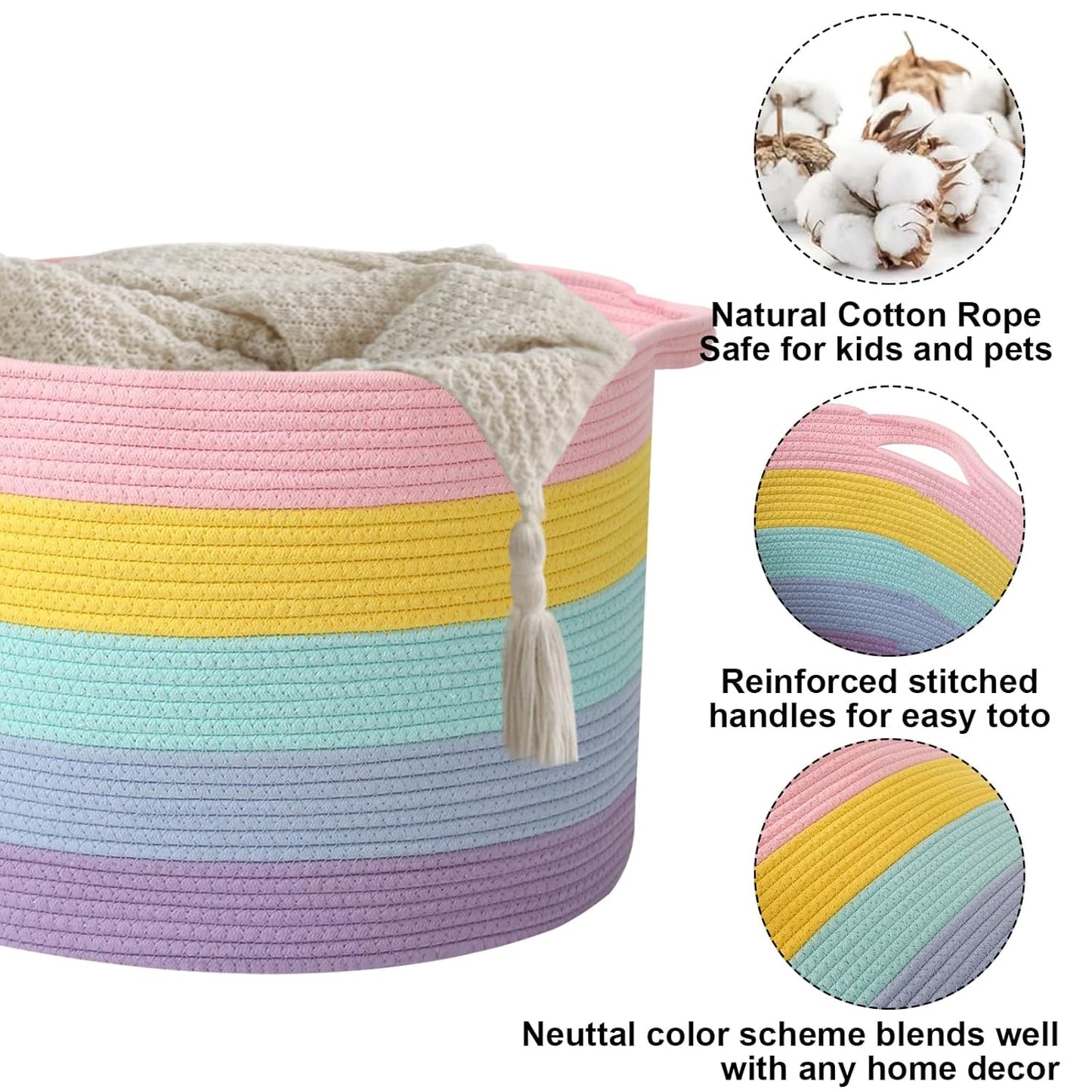 Large Woven Blanket Basket,65L Cotton Rope Laundry Basket Hamper with Handles, Decorative Nursery Basket Storage Bin for Toys, Clothes Organizer, Living Room, Bedroom, Bathroom, White & Brown