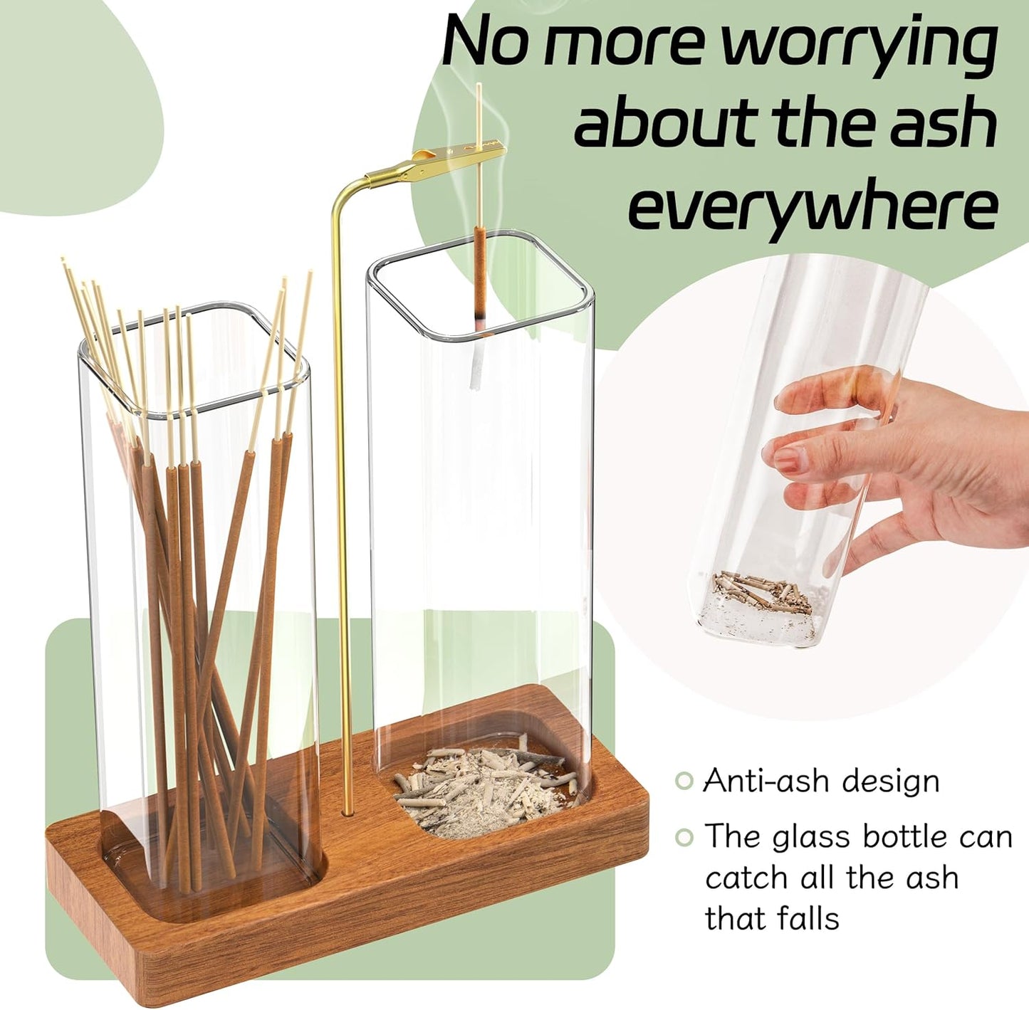 2 in 1 Incense Holder with 7.8" & 5.9" Glass Jars, Large Incense Holder for Sticks, Upside Down Incense Burner with Ash Catcher & Storage for Meditation Yoga Spa Home Decor - 20 Incense Sticks & Brush