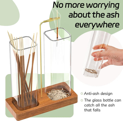 2 in 1 Incense Holder with 7.8" & 5.9" Glass Jars, Large Incense Holder for Sticks, Upside Down Incense Burner with Ash Catcher & Storage for Meditation Yoga Spa Home Decor - 20 Incense Sticks & Brush