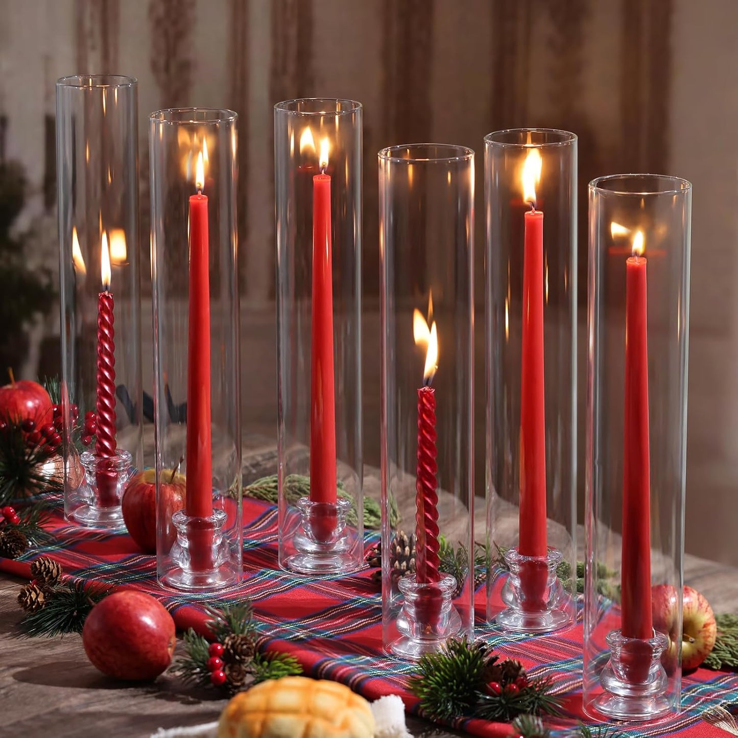 Volens Hurricane Glass Candle Holders - Set of 6 Candlestick Holders for Taper Candles with Windproof Cylinder Covers 14" Tall Clear Glass Chimney Cover for Wedding Table Centerpiece Home Decor