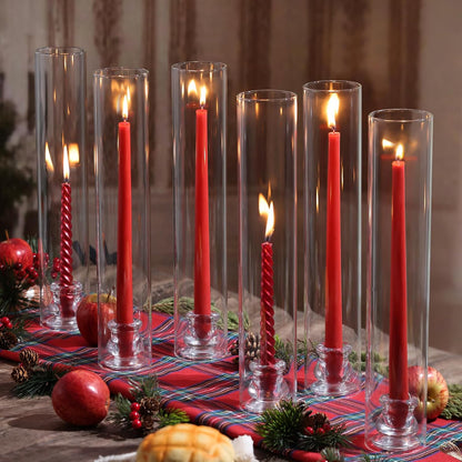 Volens Hurricane Glass Candle Holders - Set of 6 Candlestick Holders for Taper Candles with Windproof Cylinder Covers 14" Tall Clear Glass Chimney Cover for Wedding Table Centerpiece Home Decor