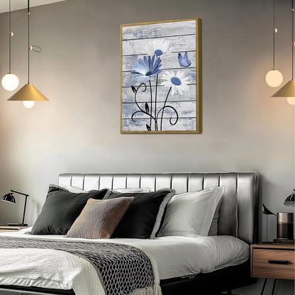 HVEST Farmhouse Floral Wall Art for Living Room, Blue and White Daisy Flower and Butterfly on Rustic Wood Board Canvas Wall Art Framed Artwork Ready to Hang for Bathroom Bedroom Decor, 16L X 12W