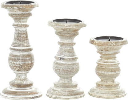 Deco 79 Mango Wood Decorative Candle Holder Distressed Turned Pillar Candle Stand, Set of 3 Candlestick Holder 6", 8", 10"H, Light Blue