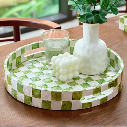 CHI AN HOME 15.8" x 11.8" Decorative Rectangular Tray with Natural Capiz Shells, Checkered Tray with Handles, Serving Tray for Ottoman, Coffee Table, Kitchen Counter Home Decor (Pistachio Green)