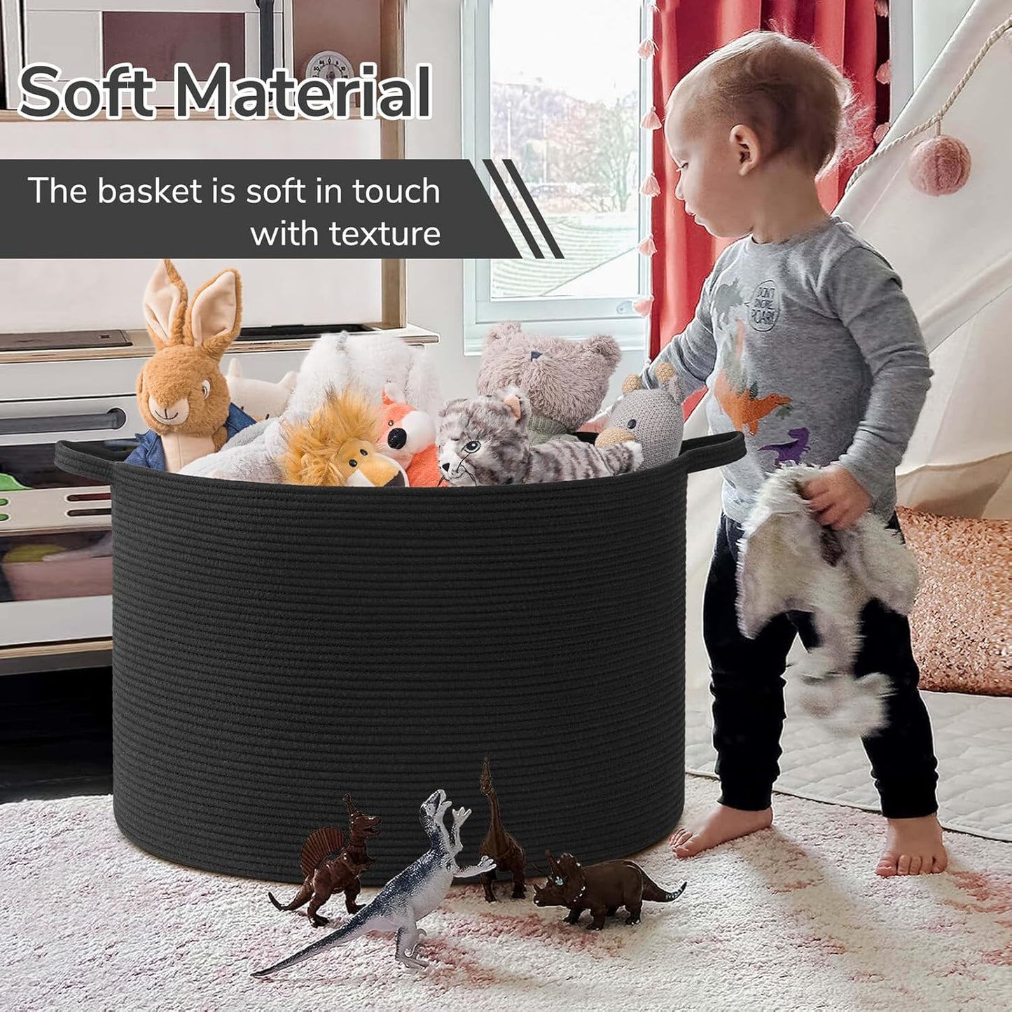 INDRESSME XXXLarge Blanket Basket for Living Room 21.7" x 21.7" x 13.8"-Storage Basket with Handle for Organizing Toy Pillows Woven Cotton Rope Laundry Basket Stuffed Animal Toy Storage for Play Room
