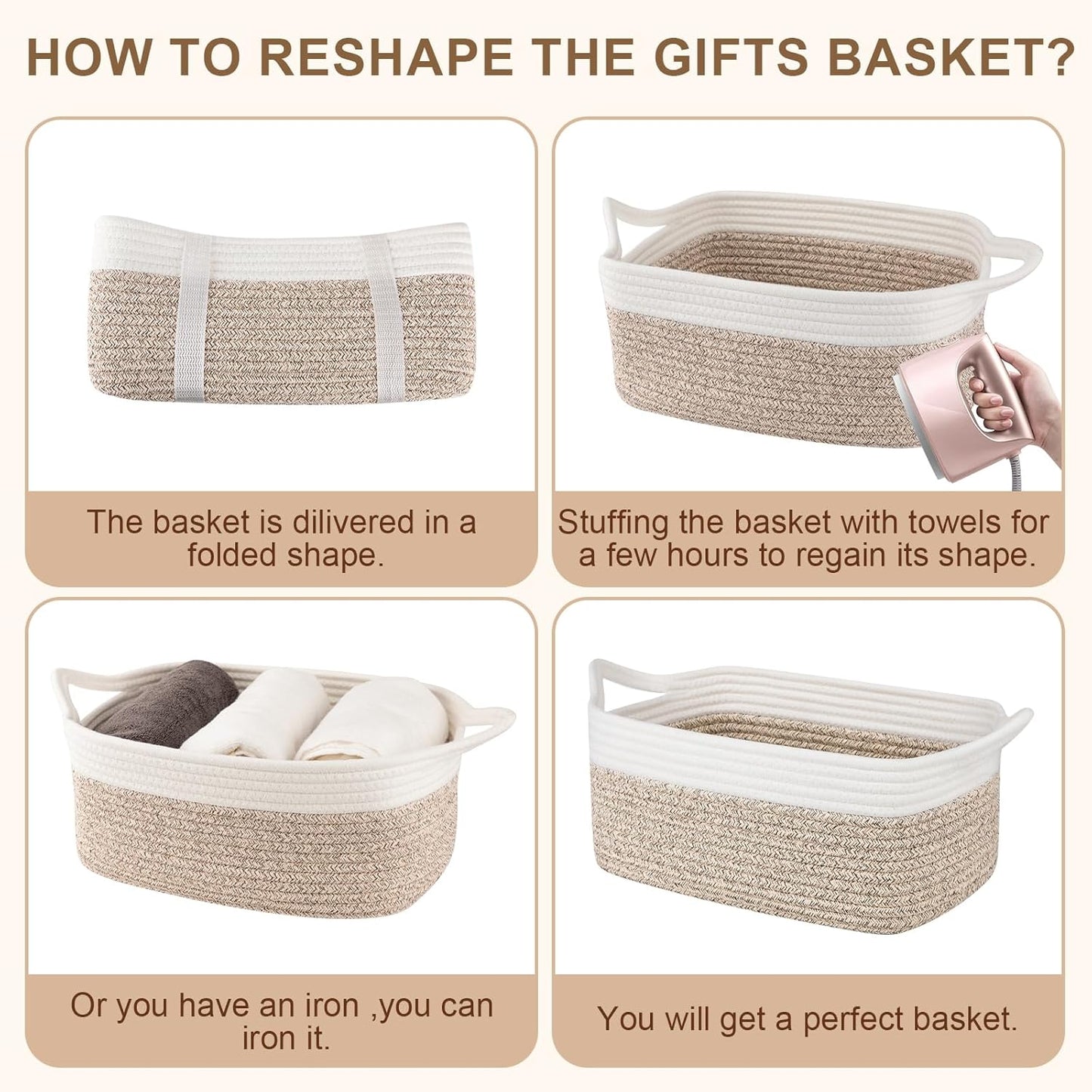 OIAHOMY Woven Basket, Gift Basket Empty with Gift Bags and Ribbons, Rope Baskets for Baby Showers, Storage Baskets with Handles for Nursery, Pet Toy Organizer - White