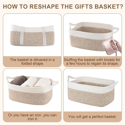 OIAHOMY Woven Basket, Gift Basket Empty with Gift Bags and Ribbons, Rope Baskets for Baby Showers, Storage Baskets with Handles for Nursery, Pet Toy Organizer - White