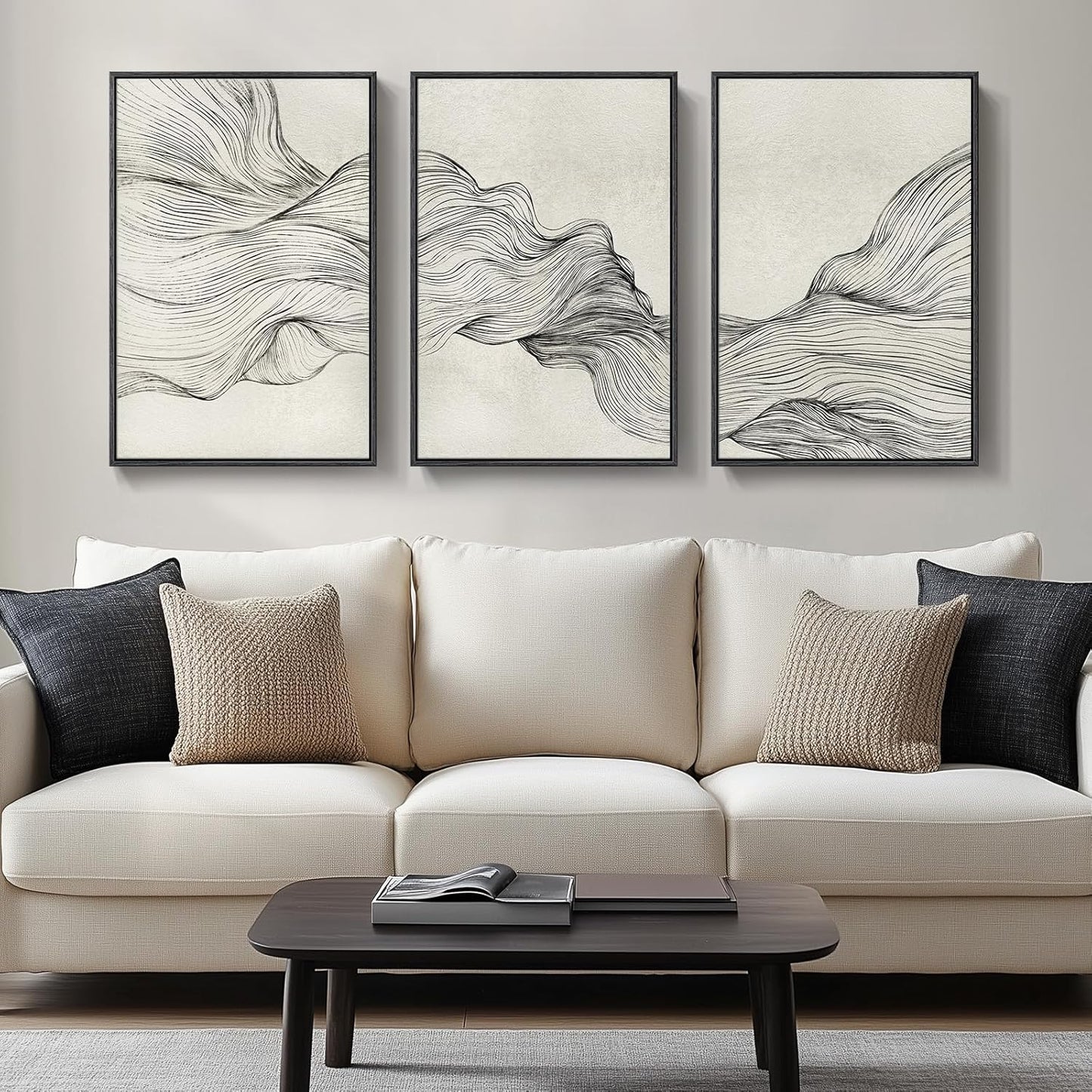 Large Framed Black and White Abstract Wall Art for Living Room, 3 Piece Big Modern Canvas Prints Paintings Artwork for Walls, Minimalist Abstract Art Pictures for Hallway, Office Wall Decor 24x36 In
