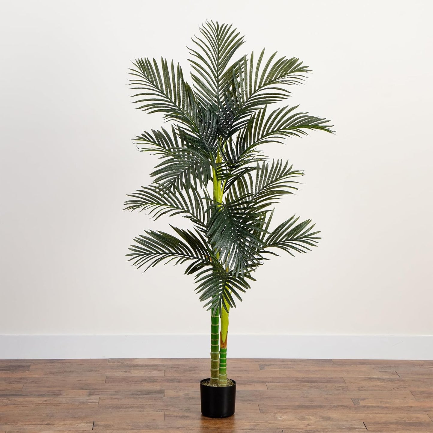 Nearly Natural 6.5ft Artificial Golden Cane Palm Tree, Lifelike Silk Indoor Palm With Three Textured Trunks Flexible Fronds Nursery Planter, Low Maintenance
