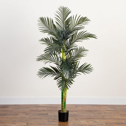 Nearly Natural 6.5ft Artificial Golden Cane Palm Tree, Lifelike Silk Indoor Palm With Three Textured Trunks Flexible Fronds Nursery Planter, Low Maintenance