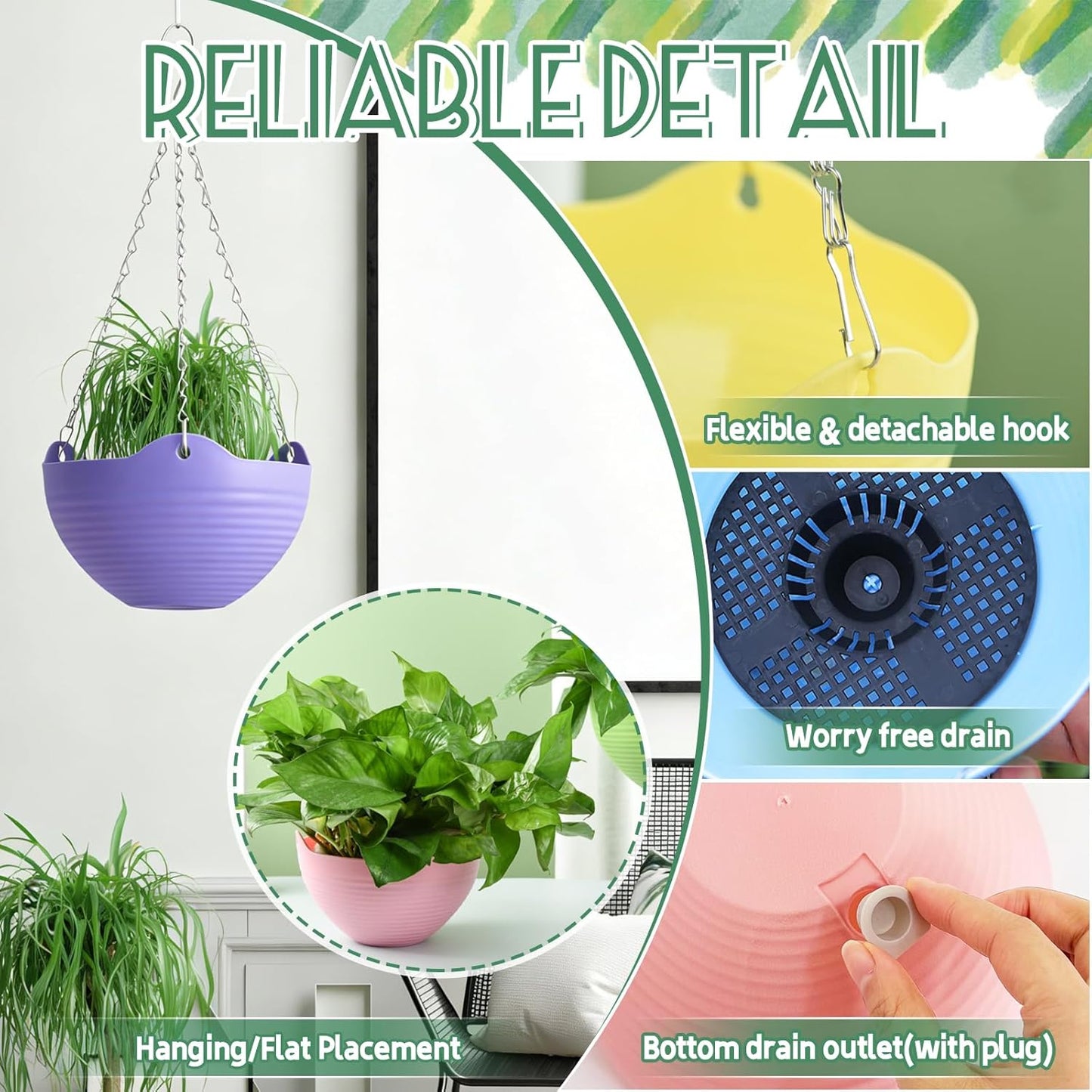 Bvrbaory 8 Pack Hanging Planter Pots,Self-Watering Flower Pot with Water Tray & Metal Chain,White Plastic Hanging Plant Pots for Indoor Outdoor Garden Decor,8 Inch